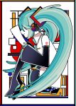  1girl abstract_background aqua_hair aqua_nails bangs black_footwear black_skirt black_sleeves boots border closed_mouth collared_shirt colored_skin commentary covered_eyes detached_sleeves from_side full_body hair_ornament hair_over_eyes hatsune_miku headset holding holding_paper knees_up long_bangs long_hair miniskirt multicolored_background multicolored_border nail_polish paper profile shirt sidelocks sitting skirt sleeveless sleeveless_shirt sleeves_past_wrists smile solo thigh_boots twintails very_long_hair vocaloid white_shirt white_skin wokichi 