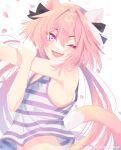  1girl animal_ears artist_name astolfo_(fate) astolfo_(saber)_(fate) cat_boy cat_ears cat_tail commentary fang fate/grand_order fate_(series) hair_between_eyes long_hair looking_at_viewer one_eye_closed open_mouth otoko_no_ko pink_eyes pink_hair simple_background skin_fang solo srinitybeast tail tongue watermark white_background 