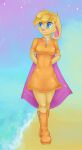  2013 activision anthro beach bianca_(spyro) biped blonde_hair blue_eyes boots clothing dress female footwear hair heimantahei lagomorph leporid mammal orange_boots orange_clothing orange_dress orange_footwear rabbit seaside solo spyro_the_dragon standing tan_body water zipper_clothing zipper_dress 