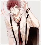  1boy 5574iahu alternate_hairstyle brown_eyes collar_x_malice enomoto_mineo eyepatch grey_background jewelry male_focus necklace red_hair shirt short_hair short_sleeves smile solo suspenders teeth translation_request white_shirt 