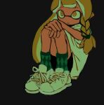  1girl agent_3_(splatoon_3) argyle argyle_socks bike_shorts black_background black_shorts braid closed_mouth dr_mice green_socks inkling inkling_girl long_hair orange_eyes orange_hair pointy_ears shirt shoes shorts side_braid simple_background sitting sketch sneakers socks solo splatoon_(series) splatoon_3 tentacle_hair white_footwear white_shirt 