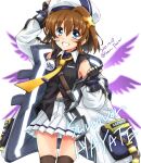  1girl artist_name black_gloves blue_eyes blush breasts brown_hair brown_thighhighs dated fingerless_gloves gloves grin hair_ornament hat highres looking_at_viewer lyrical_nanoha mahou_shoujo_lyrical_nanoha mahou_shoujo_lyrical_nanoha_a&#039;s miniskirt navel san-pon shiny_skin short_hair simple_background skirt small_breasts smile solo thighhighs white_background white_skirt x_hair_ornament yagami_hayate 