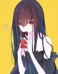  1girl bangs bare_shoulders black_dress black_hair candy chocolate chocolate_bar collarbone detached_sleeves dress food highres holding holding_food long_hair looking_at_viewer mosu_(korikan) orange_eyes original short_sleeves simple_background solo strapless strapless_dress translation_request upper_body very_long_hair yellow_background 