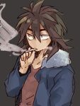  1boy blue_jacket brown_hair cigarette commentary_request eyebrows_hidden_by_hair fur-trimmed_jacket fur_trim grey_background hair_between_eyes holding holding_cigarette honey-cassis isoi_reiji jacket long_sleeves male_focus medium_hair open_clothes open_jacket red_shirt saibou_shinkyoku shirt sketch smoke smoking solo thick_eyebrows upper_body 