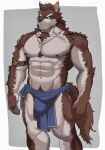  1boy abs animal_ears bad_id bad_weibo_id bara blue_eyes brown_fur bulge chest_hair clothes_around_waist feet_out_of_frame furry furry_male highres jewelry large_pectorals looking_at_another male_focus muscular muscular_male navel navel_hair necklace nipples original pectorals pelvic_curtain short_hair smirk solo stomach tail tekkowang thick_eyebrows thighs topless_male wolf_boy wolf_ears wolf_tail 
