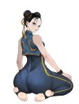 1girl ass bare_shoulders black_hair blue_bodysuit blush bobobong bodysuit brown_eyes chun-li double_bun earrings feet from_behind full_body hair_bun highres jewelry looking_at_viewer looking_back parted_lips short_hair simple_background sitting sleeveless soles solo stirrups street_fighter sweatband toes white_background 