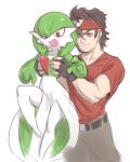  ambiguous_gender bandanna bottomwear brown_hair clothed clothing duo gardevoir generation_3_pokemon green_hair hair hi_res human humanoid kerchief lifted lifting male mammal mystical nintendo pants pokemon pokemon_(species) shirt surprise topwear 