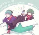  2boys :d aqua_eyes aqua_hair beanie black_jacket black_pants black_suit blush box brown_footwear closed_eyes closed_mouth dress_pants formal fringe_trim green_hair green_headwear hand_on_own_chin happy_birthday hat heart hiyori_sou in_box in_container jacket kimi_ga_shine layered_sleeves long_sleeves looking_at_viewer low_ponytail lying male_focus midori_(kimi_ga_shine) multiple_boys on_back on_stomach open_mouth oxfords pants party_popper polka_dot polka_dot_scarf purple_jacket red_scarf scarf short_hair smile suit suit_jacket unmoving_pattern uououoon 
