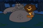  alakay_alex anthro belly belly_hair big_belly body_hair chest_hair common_hippopotamus dangerthedragon dreamworks duo facial_hair felid hand_on_stomach hippopotamid lion madagascar_(series) male male/male mammal mane moto_moto navel overweight pantherine size_difference smile water 