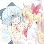  2girls adapted_costume blonde_hair blue_bow blue_eyes blue_hair blush bow bowtie cirno closed_mouth collarbone detached_wings dress eye_contact hair_between_eyes hair_bow hand_on_another&#039;s_chest inasa_orange lily_white long_hair long_sleeves looking_at_another medium_hair multiple_girls neck_ribbon open_mouth pink_eyes red_bow red_bowtie red_ribbon ribbon simple_background touhou upper_body white_background white_dress white_headwear wings yuri 