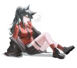  absurdres animal_ear_fluff animal_ears arknights black_hair cigarette gloves highres holding holding_cigarette liize necktie ponytail shirt shorts simple_background smoking texas_(arknights) texas_(willpower)_(arknights) wolf_ears wolf_girl 