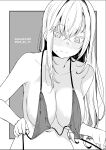  1girl bangs bikini bikini_top_only blush breasts closed_mouth collarbone commentary_request crossed_bangs dated grey_background greyscale hair_between_eyes highres kichihachi large_breasts long_hair looking_down monochrome navel nose_blush original sweatdrop swimsuit twintails twitter_username two-tone_background untied untied_bikini upper_body white_background 