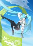  1girl absurdres asymmetrical_bodysuit bangs black_bodysuit black_gloves blue_eyes blue_hair blue_sky bodysuit boots closed_mouth cloud commentary cropped_jacket flag flagpole full_body gloves hatsune_miku high_heels highres jacket krrk long_hair long_sleeves looking_at_viewer outdoors race_queen racing_miku racing_miku_(2022) single_leg_bodysuit single_thigh_boot single_thighhigh sky smile smiley_face solo text_print thigh_boots thighhighs twintails vocaloid white_jacket 