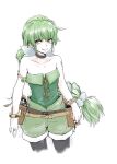  1girl bare_shoulders belt bug butterfly closed_mouth collarbone fuluyano green_eyes green_hair hair_ribbon highres jewelry key legwear_under_shorts long_hair looking_at_viewer pantyhose ponytail ribbon ring saga saga_frontier_2 shirt shorts simple_background smile solo strapless strapless_shirt very_long_hair virginia_knights white_background 