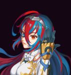  1girl alear_(female)_(fire_emblem) alear_(fire_emblem) bangs blue_eyes blue_hair breasts crossed_bangs emblem_ring fire_emblem fire_emblem_engage gloves hand_up heterochromia jewelry long_hair looking_at_viewer medium_breasts multicolored_hair open_mouth red_eyes red_hair smile solo split-color_hair tiara two-tone_hair very_long_hair yycaihuahua 