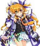  1girl armpits artist_name black_gloves blonde_hair blush breasts dated double_v fingerless_gloves gloves grin hat heterochromia highres long_hair looking_at_viewer lyrical_nanoha mahou_shoujo_lyrical_nanoha_strikers mahou_shoujo_lyrical_nanoha_vivid miniskirt pleated_skirt san-pon simple_background skirt sleeveless small_breasts smile solo v vivid_strike! vivio white_background white_skirt 