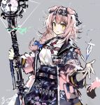  1girl animal_ears arknights black_choker black_hairband black_skirt blue_bow bow braid cat_ears cat_girl cat_tail choker clothes_writing electricity electrokinesis floppy_ears goldenglow_(arknights) grey_background hair_bow hairband highres holding holding_staff id_card jacket lightning_bolt_print long_sleeves parted_lips pink_hair pink_jacket print_hairband remsrar scissors shirt simple_background skirt solo staff tail upper_body white_shirt worried 