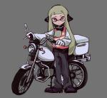  1girl agent_3_(splatoon) bangs black_footwear black_pants closed_mouth dr_mice full_body gloves grey_background ground_vehicle headphones high-visibility_vest highres inkling inkling_girl long_hair long_sleeves looking_at_viewer motor_vehicle motorcycle pants red_eyes simple_background solo splatoon_(series) splatoon_3 standing tentacle_hair twintails white_gloves 