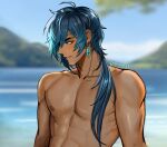  1boy abs ahoge beach blue_eyes blue_hair blue_sky blurry blurry_background dark_skin earrings eyepatch genshin_impact hair_over_one_eye jewelry kaeya_(genshin_impact) long_hair looking_to_the_side low-tied_long_hair low_ponytail male_focus mistermagnolia nipples ocean parted_lips pectorals sidelocks single_earring sky solo summer topless_male 