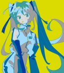  1girl alternate_costume aqua_eyes aqua_hair bangs colored_tongue cowboy_shot detached_sleeves dot_nose floating_hair hair_ornament hair_ribbon hatsune_miku high_collar highres hirari_in leaning_forward light_blush limited_palette long_hair looking_at_viewer neck_tattoo number_tattoo pants raised_eyebrows ribbon short_eyebrows simple_background sleeveless sleeveless_jacket solo tattoo tongue tongue_out twintails vocaloid yellow_background yellow_tongue zipper 