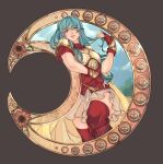  1girl absurdres aqua_eyes aqua_hair armor breastplate cape crescent_moon eirika_(fire_emblem) fire_emblem fire_emblem:_the_sacred_stones gloves highres iaurencin long_hair miniskirt moon red_gloves red_shirt red_thighhighs shirt short_sleeves skirt solo thighhighs white_skirt yellow_cape zettai_ryouiki 