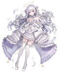  1girl angel_wings bangs blush braid bridal_garter curled_horns detached_collar detached_sleeves feathers garter_straps halo heterochromia highres horns indie_virtual_youtuber kouyafu long_hair looking_at_viewer own_hands_clasped own_hands_together smile solo thighhighs twin_braids virtual_youtuber white_background white_hair white_thighhighs wings 