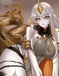  1girl animal aramyx artist_name ass bangs bare_shoulders black_lips blonde_hair breasts curvy eyeshadow fire_emblem fire_emblem_heroes forehead_jewel giant_snake gold_trim grey_hair gullveig_(fire_emblem) horns large_breasts leotard long_hair long_sleeves looking_at_viewer makeup multicolored_hair oversized_animal pale_skin plump revealing_clothes signature simple_background single_horn snake solo thick_thighs thighs twitter_username two-tone_hair yellow_eyes yellow_horns 