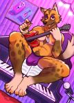 2023 animal_crossing anthro barefoot big_bulge body_hair bulge canid canine canis chest_hair claws clothed clothing detailed_bulge dog_tags dutch_angle eyebrows feet fur gooeycandy guitar happy_trail hi_res holding_object inside keyboard_instrument kyle_(animal_crossing) looking_at_viewer male mammal microphone muscular muscular_anthro muscular_male musical_instrument narrowed_eyes navel nintendo nipples open_mouth open_smile piano plucked_string_instrument poster pubes seductive signature sitting smile solo string_instrument teeth thong tongue tongue_out topless topless_anthro topless_male tuft underwear wolf 
