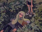  2girls agent_3_(splatoon) bangs black_leggings black_shorts blunt_bangs closed_mouth dr_mice grass green_hair headphones highres inkling inkling_girl leggings long_hair long_sleeves lying multiple_girls on_back outdoors patchwork_clothes shoes shorts splatoon_(series) splatoon_3 standing tentacle_hair twintails 