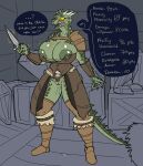  anthro argonian armor bethesda_softworks big_breasts blush bodily_fluids breasts chorsinnell39 dagger deeja english_text female genital_fluids genitals green_body green_nipples green_scales hi_res holding_dagger huge_breasts lactating melee_weapon nipples pussy pussy_juice scales scalie solo stats sweat text the_elder_scrolls unconvincing_armor weapon yellow_eyes 