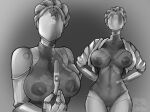  absurd_res braided_hair breasts breasts_out_of_clothes clothing crop_top_jacket dieselpunk duo exposed_breasts female hair hi_res holding_pregnancy_test humanoid jacket la_pockis looking_at_viewer machine metallic_body nipples non-mammal_nipples not_furry robot robot_humanoid robotic sibling the_twins_(atomic_heart) topwear twins 