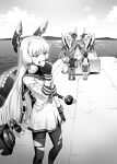  abyssal_ship age_difference breasts child cleavage dress eating entombed_air_defense_guardian_princess fingerless_gloves floating_headgear food gloves greyscale hair_ribbon headgear highres holding holding_food hood kantai_collection long_hair long_sleeves machinery monochrome murakumo_(kancolle) ocean pants pantyhose ribbon rigging sailor_collar sailor_dress same-megamaus shirt shorts sidelocks torn_clothes torn_pantyhose tress_ribbon turret 