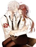  1boy 1girl 5574iahu black_necktie black_pants black_skirt blush brown_eyes brown_hair closed_eyes collar_x_malice facing_another hetero hoshino_ichika_(collar_x_malice) long_hair long_sleeves necktie okazaki_kei open_mouth pants shirt short_hair sitting sitting_on_lap sitting_on_person skirt white_hair white_shirt 