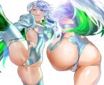  1girl ass blue_hair cameltoe colored_eyelashes colored_inner_hair fate/grand_order fate_(series) green_eyes green_hair highres kukulkan_(fate) kukulkan_(second_ascension)_(fate) kuroi_suna multicolored_hair solo white_background 