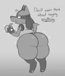  ambiguous_gender anthro big_butt butt butt_focus canid canine canis cross-popping_vein dialogue digital_media_(artwork) domestic_dog fangs food fruit fur generation_4_pokemon hi_res looking_back lucario mammal monochrome nintendo open_mouth pecha_berry plant pokemon pokemon_(species) pokemon_berry simple_background solo sparkles teeth text zlut385 