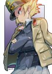  1girl artist_name blonde_hair border breast_pocket crossed_arms erwin_(girls_und_panzer) from_below from_side girls_und_panzer gradient_background grey_skirt hat highres jacket jacket_on_shoulders kuroneko_douji long_sleeves looking_to_the_side military military_hat military_uniform ooarai_school_uniform outside_border peaked_cap pocket purple_background school_uniform short_hair signature skirt solo uniform white_border 