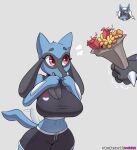  2022 anthro big_breasts blush breasts cleavage clothed clothing cooliehigh digital_media_(artwork) duo emanata eyes_closed female flower generation_4_pokemon holding_flower holding_object lucario midriff nintendo plant pokemon pokemon_(species) red_eyes riolu simple_background text url 
