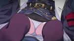  1girl belt blue_archive buttons close-up coat double-breasted highres hina_(blue_archive) panties pantyshot pencil_skirt purple_thighhighs sitting skirt solo thighhighs underwear white_panties youkaisandesu 