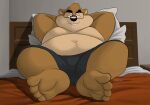  4_toes anthro barefoot bed braces brown_body dj-rodney eyewear feet furniture glasses gopher inside lying lying_on_bed male mammal on_bed overweight overweight_anthro overweight_male paws rodent soles solo toes 