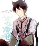  1boy 5574iahu animal_ears black_wolves_saga blue_eyes brown_hair cat_boy cat_ears cat_tail closed_mouth julian_(black_wolves_saga) long_sleeves looking_at_viewer male_focus shirt short_hair smile solo suspenders tail translation_request twitter_username white_background white_shirt 
