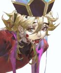  1boy black_headwear blonde_hair blood blood_on_face caradocc douma_(kimetsu_no_yaiba) eyelashes fang flipped_hair hair_between_eyes hat highres kimetsu_no_yaiba leaning_forward long_hair long_sleeves male_focus multicolored_eyes open_mouth rainbow_eyes red_shirt ribbon ribbon_trim shirt simple_background solo stole text_in_eyes tight tight_shirt turtleneck upper_body white_background 