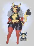  2023 absurd_res anthro artist_logo big_breasts black_eyes black_hair bracelet breasts cleavage clothed clothing curvy_figure female fur_jacket generation_1_pokemon grey_background hair hands_on_hips hi_res jewelry logo long_hair looking_at_viewer midriff nintendo pikachu pokemon pokemon_(species) simple_background solo spiked_bracelet spikes tight_clothing wide_hips yellow_body zacianswords 