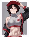  1girl abs absurdres bare_shoulders beret black_hair bluefield blush breasts grey_eyes grin hat highres jacket looking_at_viewer midriff navel off_shoulder ruby_rose rwby short_hair smile solo 