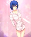  1girl arms_behind_back bangs blue_eyes blue_hair blush breasts ciel_(tsukihime) commentary_request head_tilt highres hood hoodie iro_(sekaixiro) long_sleeves looking_at_viewer medium_breasts pink_background pink_hoodie short_hair smile solo standing thigh_gap tsukihime type-moon 