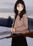  1girl bangs black_hair black_skirt blush bolt_action brown_sweater chainsaw_man closed_mouth cloud cloudy_sky grey_eyes gun highres io_(onisarashi) long_hair looking_to_the_side mole mole_on_cheek mole_under_eye outdoors own_hands_together pine_tree rifle santa_claus_(chainsaw_man) skirt sky sling snow solo strap sweater tree weapon weapon_request 