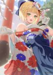 1girl absurdres arm_at_side bare_shoulders blonde_hair blue_hakama blue_skirt blurry blurry_background bob_cut bow breasts cowboy_shot depth_of_field flower gloves gradient_hair green_eyes hair_bow hair_flower hair_ornament hakama hakama_skirt highres holding hololive iikiroro japanese_clothes kanzashi kimono looking_at_viewer medium_breasts momosuzu_nene multicolored_hair new_year off_shoulder official_alternate_costume official_alternate_hair_length official_alternate_hairstyle omikuji open_mouth pink_hair print_kimono short_hair shrine skirt solo torii virtual_youtuber w_arms white_gloves white_kimono 