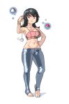  1girl bangs black_hair breasts bright_pupils cleavage collarbone commentary full_body grey_pants hand_on_hip holding long_hair navel noyemik pants pendulum poke_ball poke_ball_(basic) pokemon pokemon_(game) pokemon_hgss red_eyes sabrina_(pokemon) shirt simple_background sleeveless sleeveless_shirt solo standing stirrup_legwear telekinesis toeless_legwear toes white_background white_pupils 