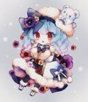  1girl bangs bat_wings black_gloves blue_hair boots bow chibi coat fang flower fur-trimmed_boots fur-trimmed_coat fur_trim gloves grey_background hair_bow hair_flower hair_ornament hat highres holding light_blush looking_at_viewer medium_hair mochimochi_(kallmochi) open_mouth red_eyes remilia_scarlet skin_fang snow_bunny solo stuffed_animal stuffed_toy teddy_bear touhou wings winter_clothes winter_coat 