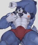  2023 5_fingers absurd_res anthro arm_tuft armpit_hair barazoku big_bulge big_muscles black_claws black_nose bladetiger blue_body blue_fur blue_hair bodily_fluids body_hair bulge canid canine canis chest_hair claws clothed clothing elbow_tuft eyebrows fingers fur hair hi_res huge_muscles humanoid_hands long_hair looking_at_viewer low-angle_view male mammal merphilox_bigwolf muscular muscular_anthro muscular_male nipple_fetish nipple_play nipples pink_nipples red_eyes simple_background smile solo sweat thick_eyebrows topless tuft tusks underwear underwear_only wolf 