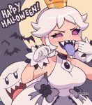  1girl bat_(animal) black_sclera boo_(mario) colored_sclera colored_tongue cremanata crown dress english_text ghost gloves happy_halloween highres long_hair mario_(series) new_super_mario_bros._u_deluxe open_mouth princess_king_boo purple_eyes purple_tongue sharp_teeth super_crown teeth tongue tongue_out upper_teeth_only white_dress white_gloves white_hair 